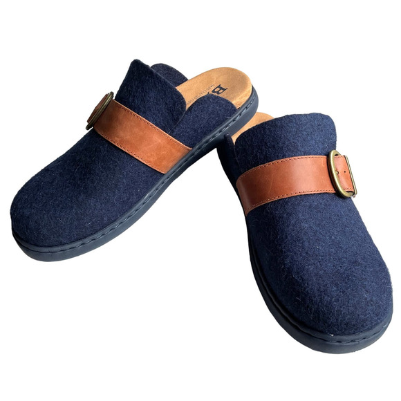 Born Women's Lia Clogs Sz 9 Slip On Shoes Slides Navy Blue Felted Wool & Leather - Picture 1 of 7